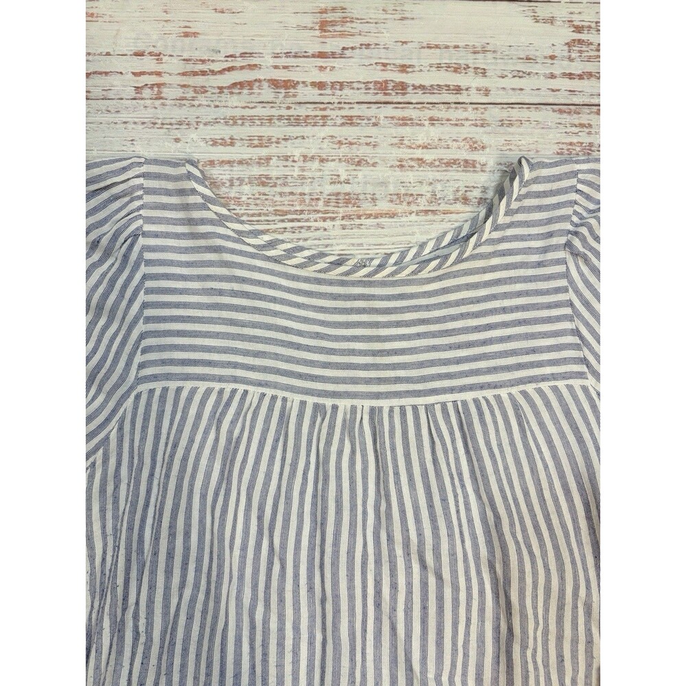 LOFT Blue White Striped Button Keyhole Round Neck Rayon Linen Blouse Size Small - Picture 3 of 12